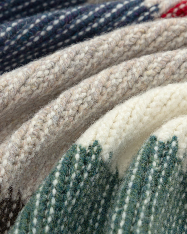 Close-up of Patchwork Knit Chore Jacket showing overlapping, multi-colored knit panels with varying patterns and textures.