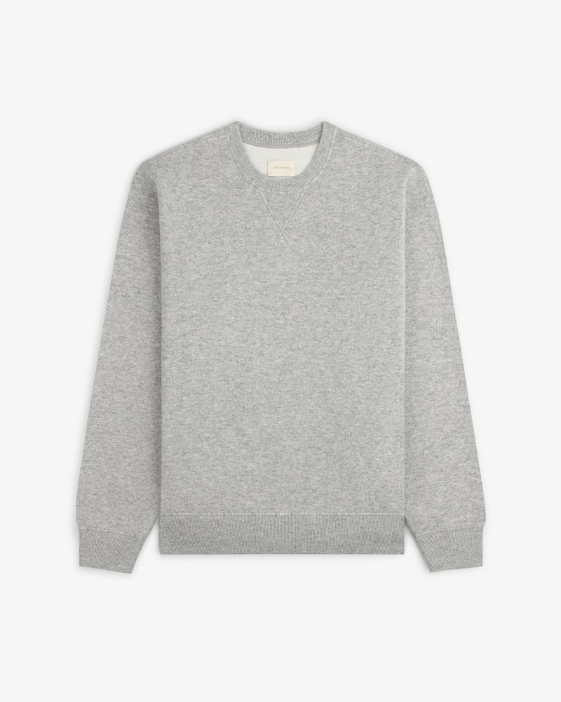 Pavilion Cashmere Crewneck Sweatshirt in light gray, long sleeves, ribbed cuffs/hem, shown flat on white background.