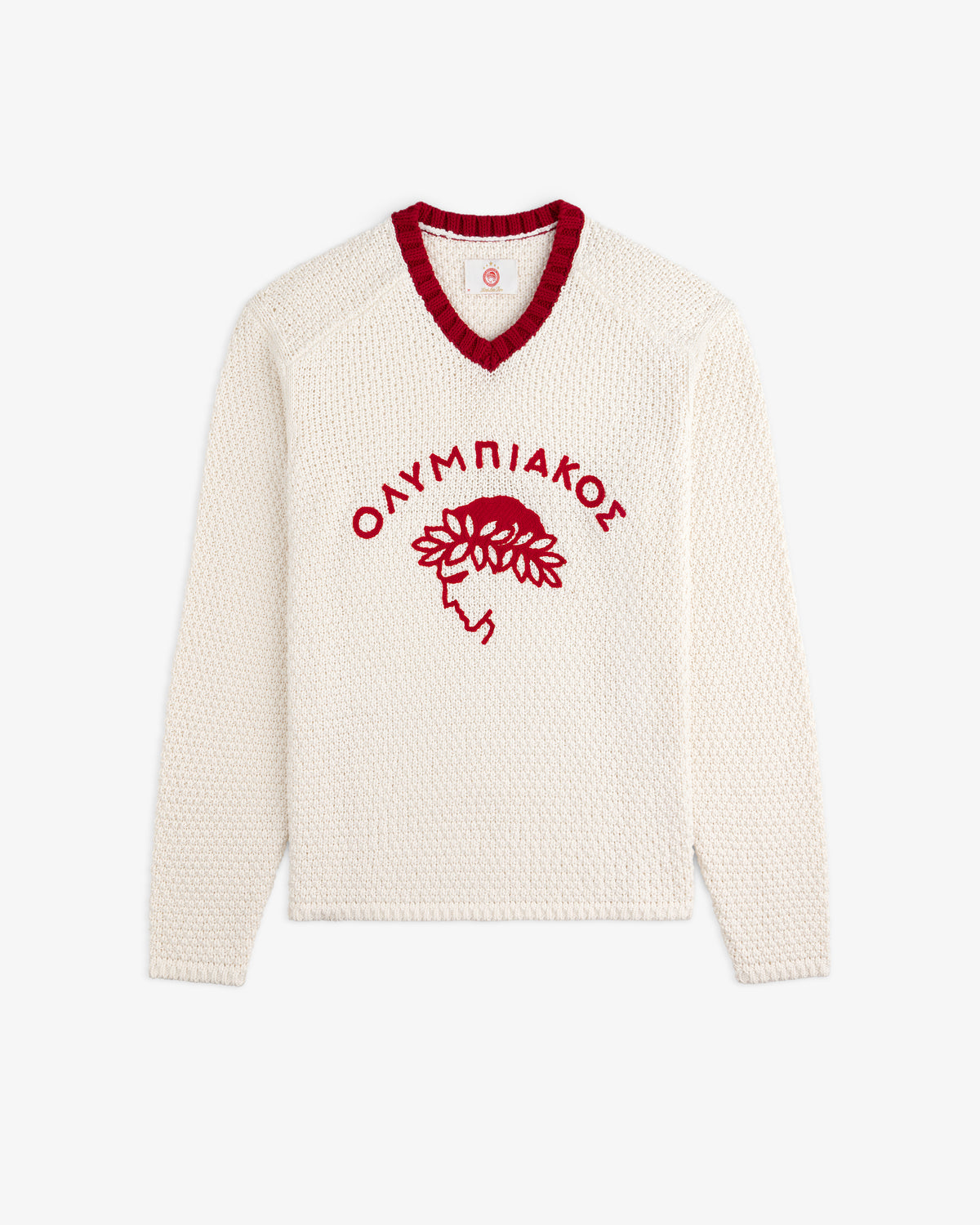 ALD / Olympiacos F.C. Knit V-Neck Sweater in off-white with a red collar and a red laurel-crowned head emblem.