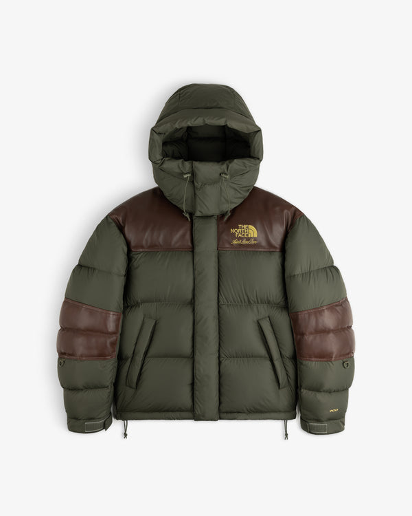 Olive ALD / The North Face Baltoro Jacket with brown shoulders, hood, and chest logo.