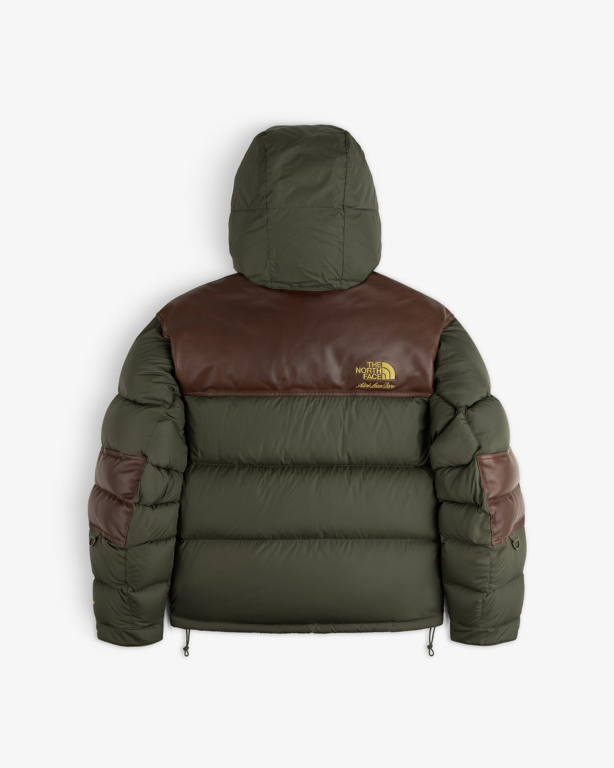 ALD / The North Face Baltoro Jacket in green and brown, hooded, with logo on shoulder, back view shown.
