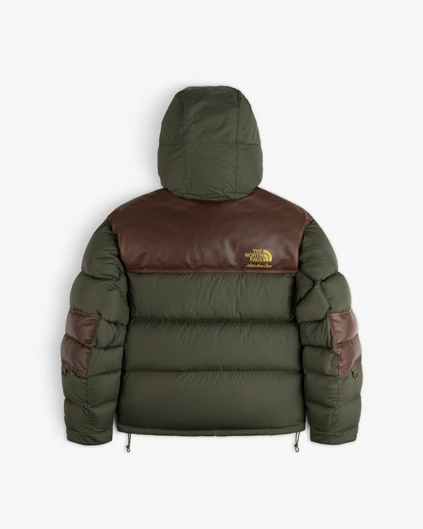 ALD / The North Face Baltoro Jacket in green and brown, hooded, with logo on shoulder, back view shown.
