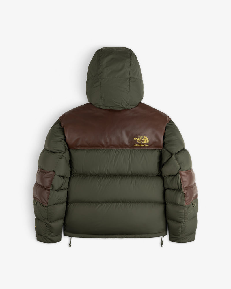 ALD / The North Face Baltoro Jacket in green and brown, hooded, with logo on shoulder, back view shown.