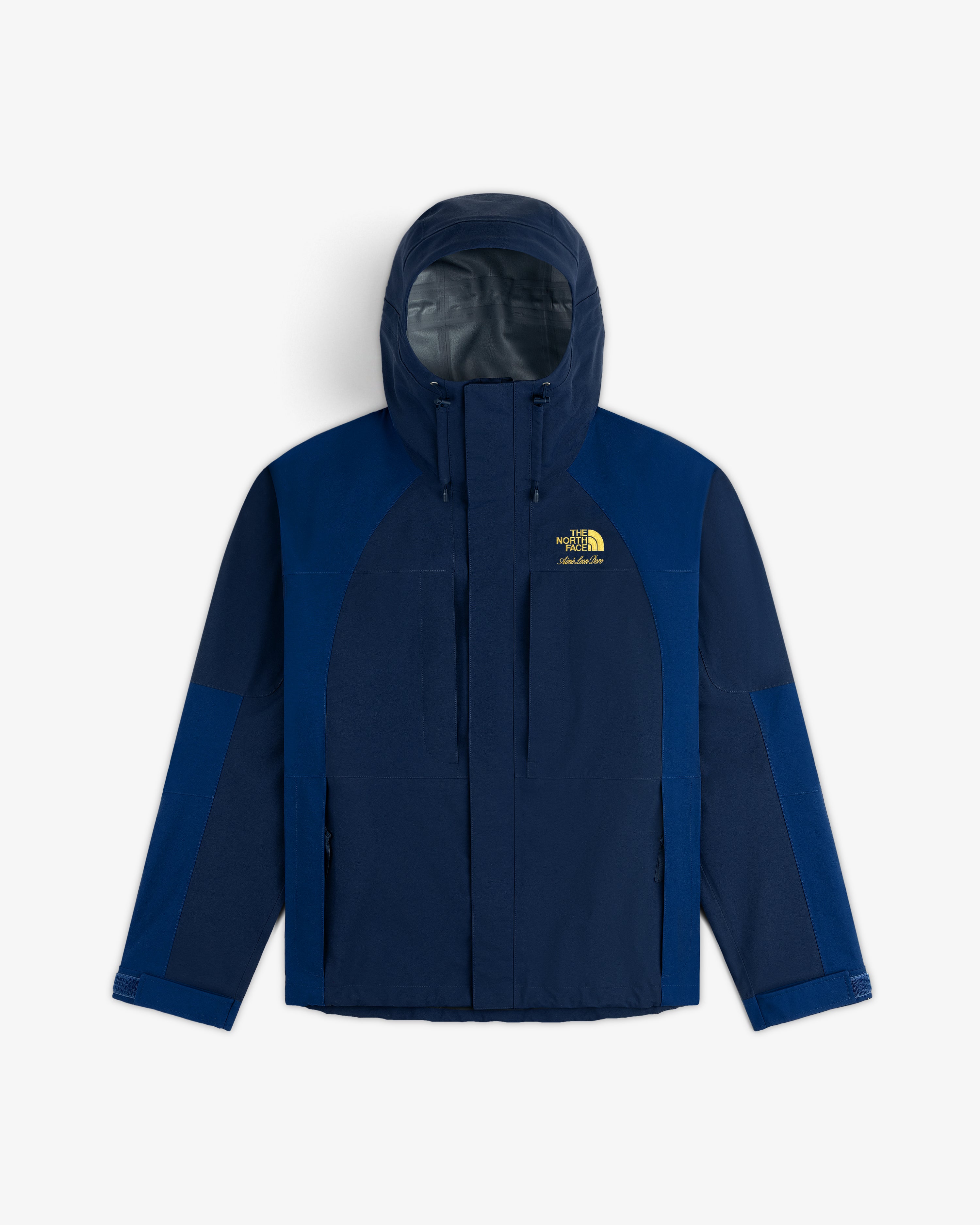 ALD/The North Face GORE-TEX 2000 Mountain Jacket, blue with hood and zip front, on white background.