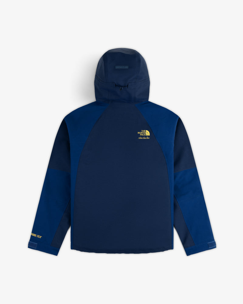 ALD / The North Face GORE-TEX 2000 Mountain Jacket, blue two-tone with hood, chest/sleeve logo on white background.