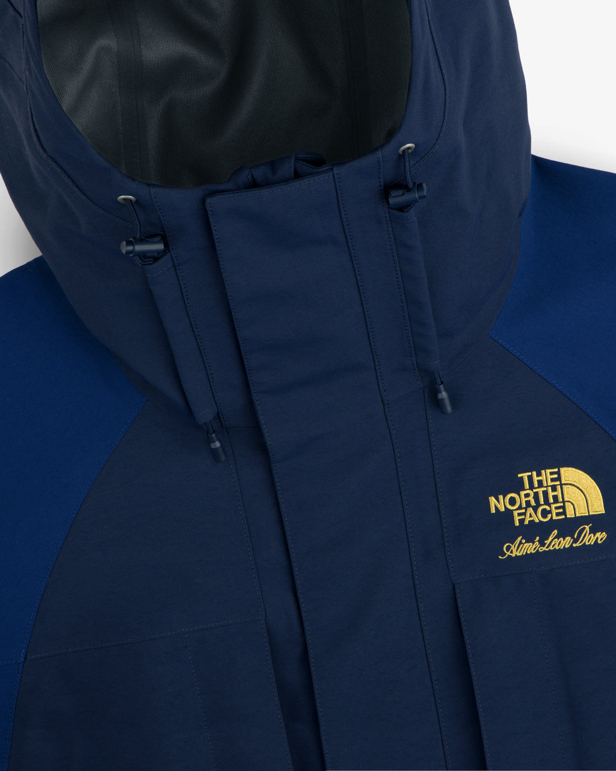 Navy blue ALD / The North Face GORE-TEX 2000 Mountain Jacket with yellow embroidered logos and hood.