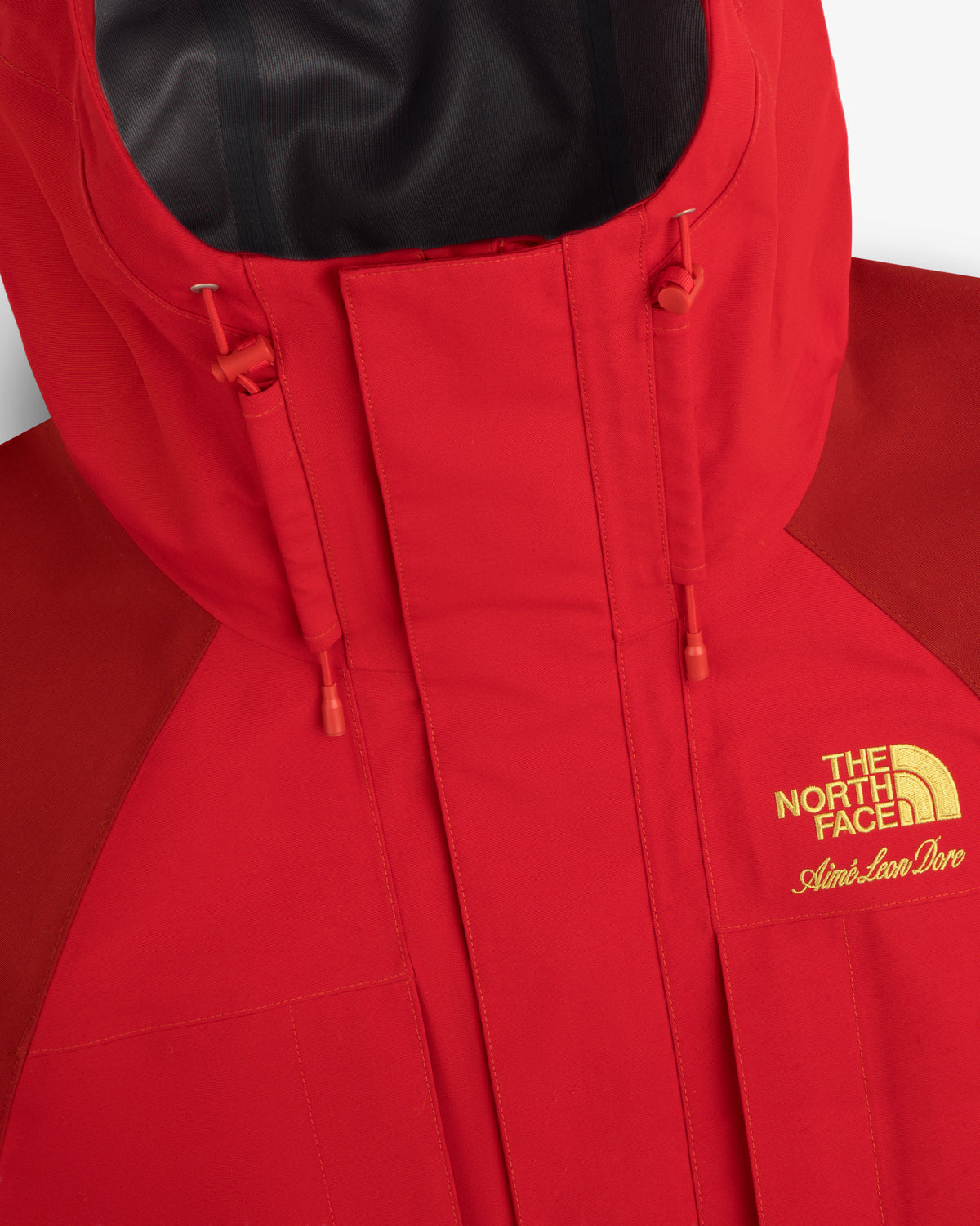 Red ALD / The North Face GORE-TEX 2000 Mountain Jacket with gold Aime Leon Dore text, yellow logo, drawstring hood.