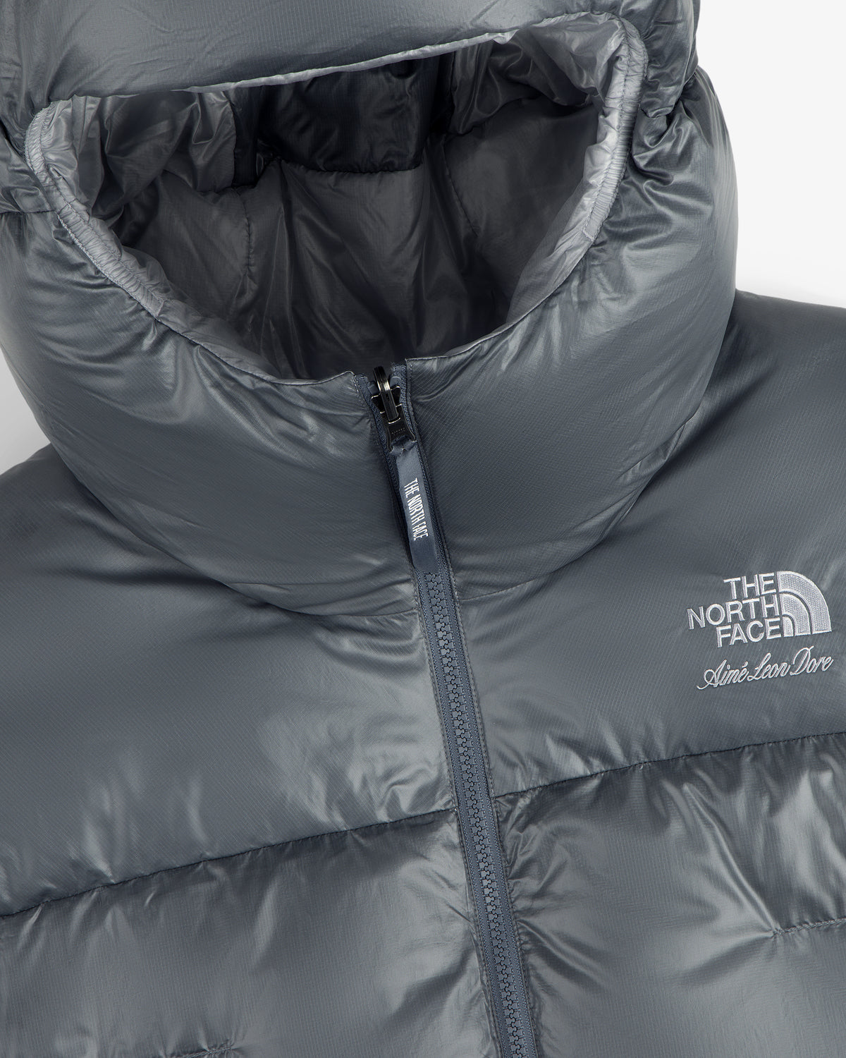 Close-up of the ALD / The North Face Reversible Pertex® Nuptse Jacket featuring both logos on the chest.