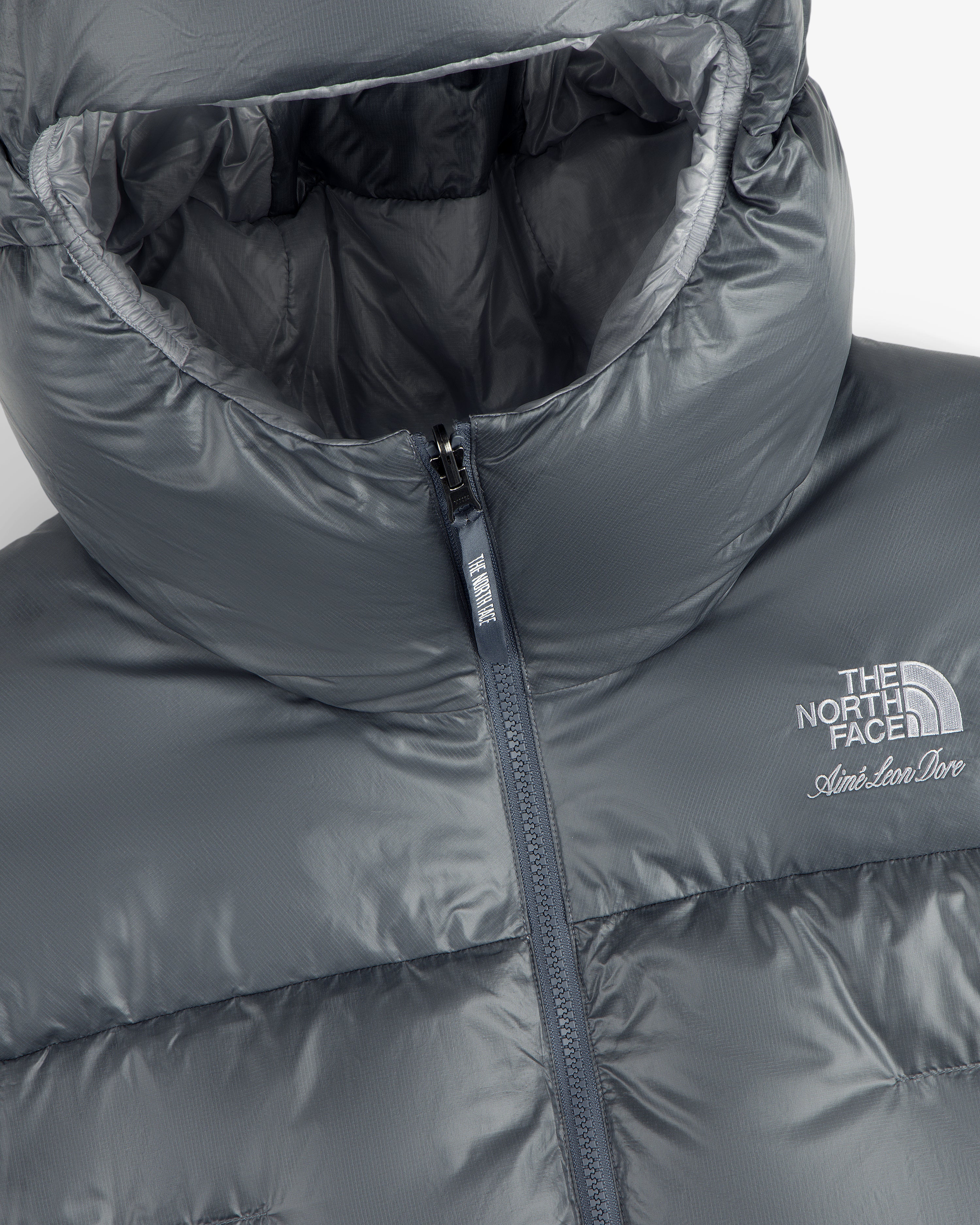 Close-up of the ALD / The North Face Reversible Pertex® Nuptse Jacket featuring both logos on the chest.