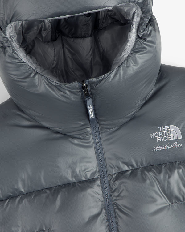 Close-up of the ALD / The North Face Reversible Pertex® Nuptse Jacket featuring both logos on the chest.