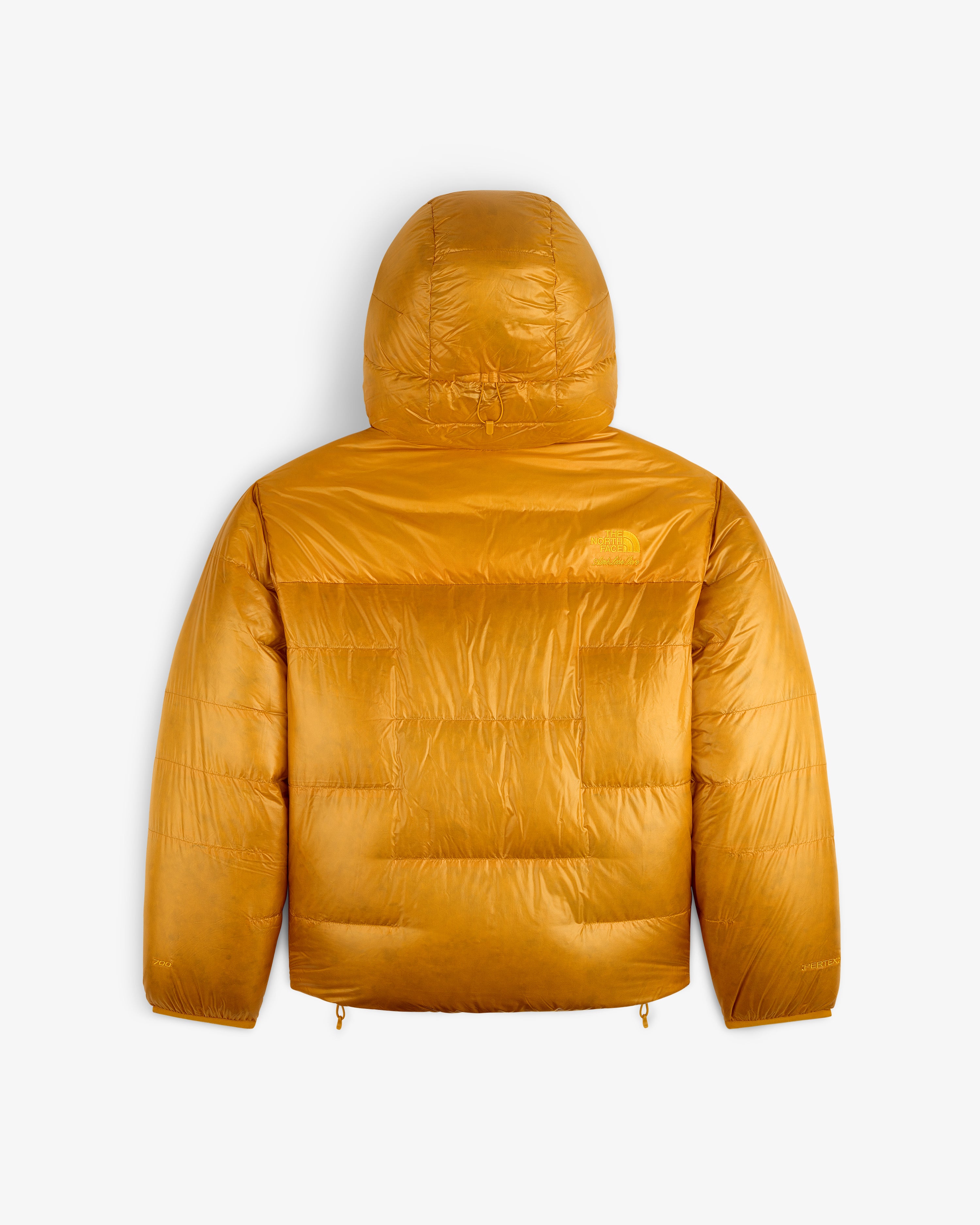 ALD / The North Face Reversible Pertex® Nuptse Jacket in shiny mustard yellow, hooded, back view on white.