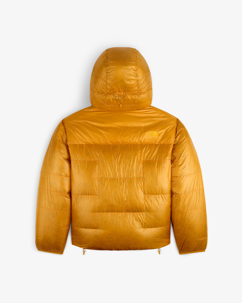 ALD / The North Face Reversible Pertex® Nuptse Jacket in shiny mustard yellow, hooded, back view on white.
