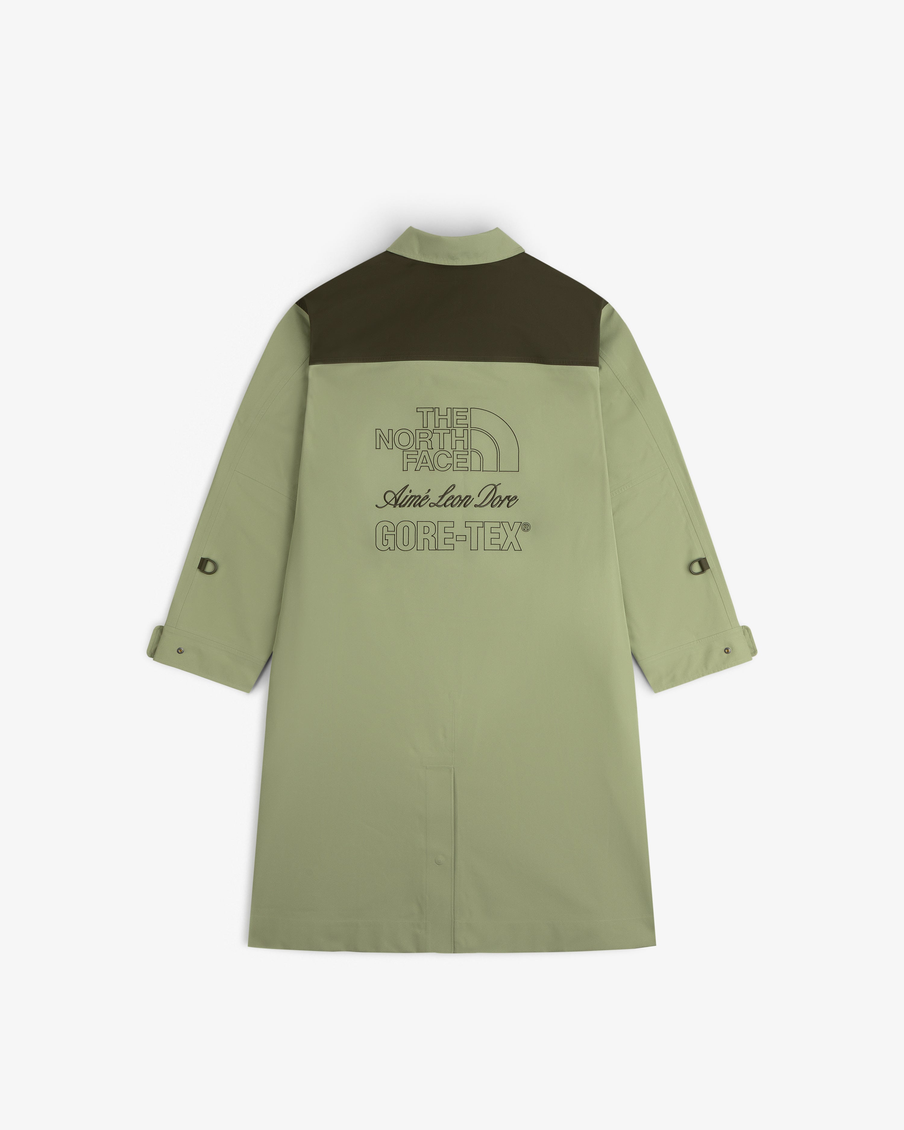 Light green ALD/The North Face GORE-TEX trench coat, dark green yoke, back logos, rolled-up sleeves.