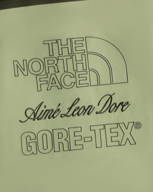 ALD, The North Face, and GORE-TEX logos in black on light green ALD / The North Face GORE-TEX Trench Coat fabric.