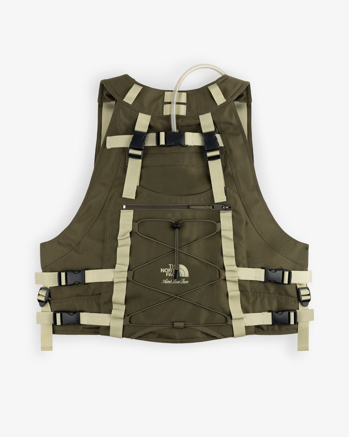 ALD/The North Face Ballistic Tech Vest in olive green and beige with straps, zippers, and front center logo.