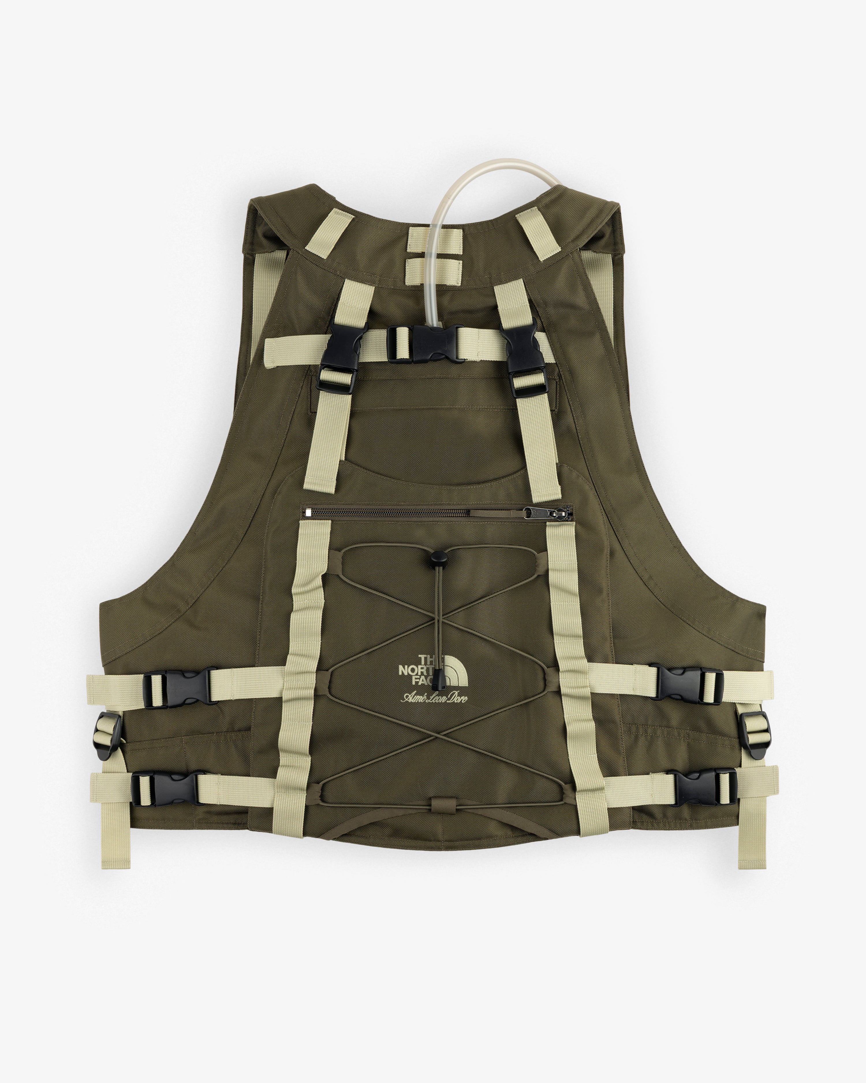ALD/The North Face Ballistic Tech Vest in olive green and beige with straps, zippers, and front center logo.