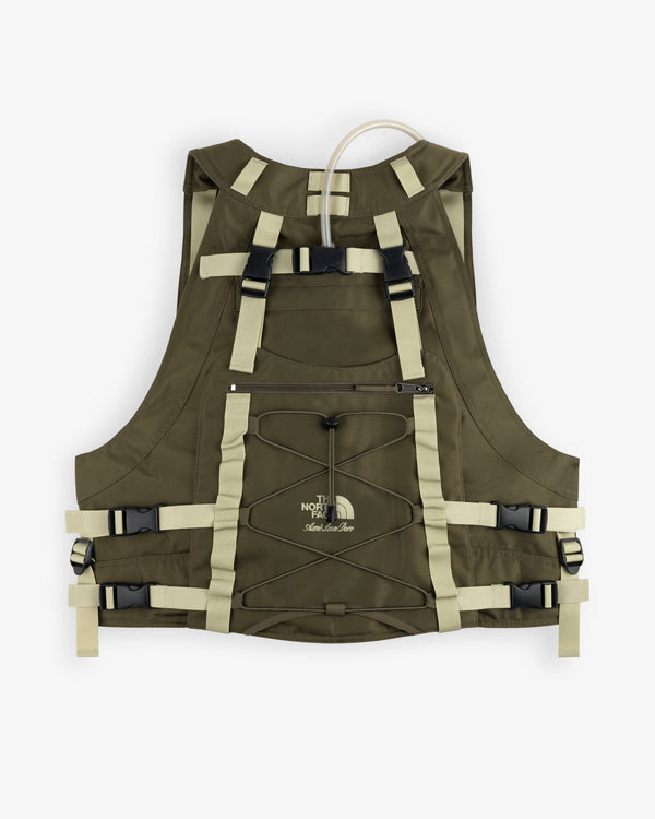 ALD/The North Face Ballistic Tech Vest in olive green and beige with straps, zippers, and front center logo.