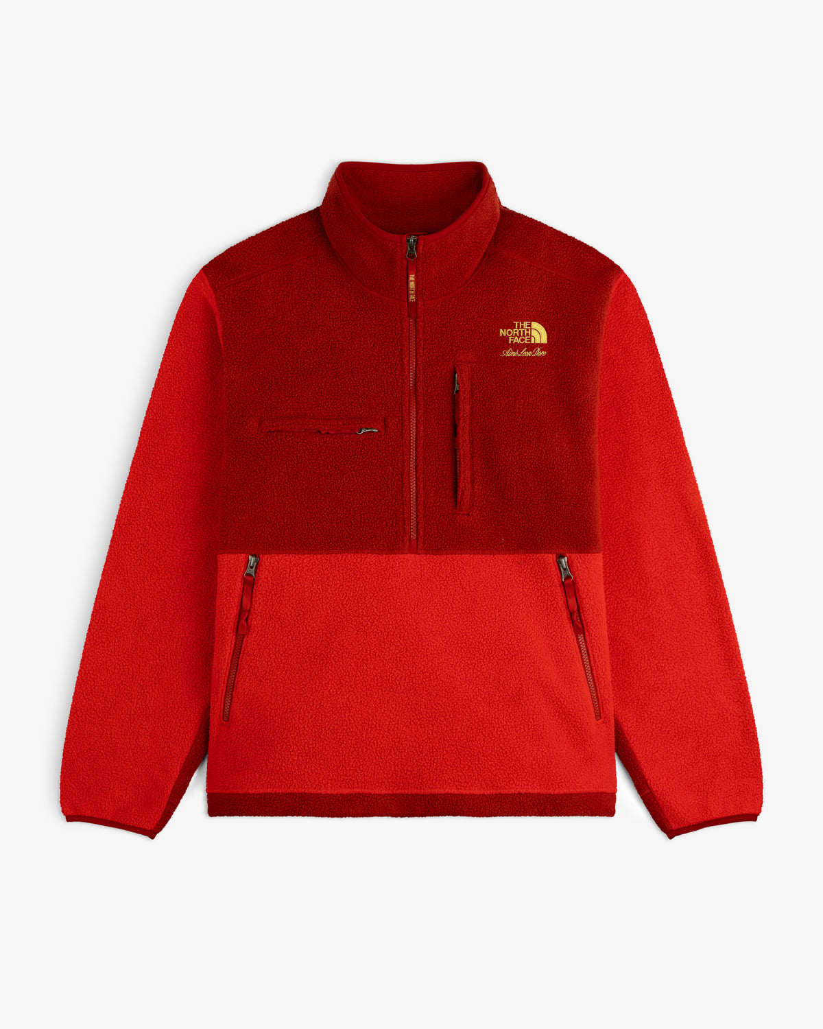 Red ALD/The North Face ’95 Denali half-zip fleece pullover with zip pockets and chest logo.