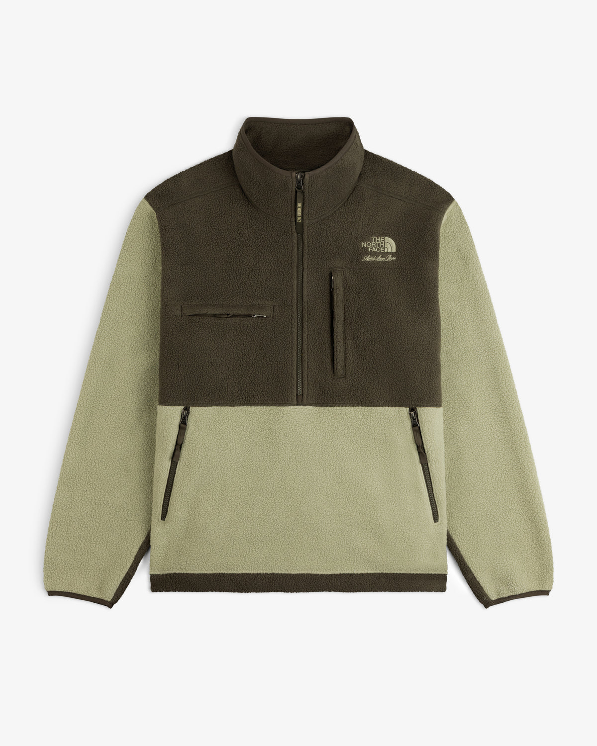 ALD/The North Face ’95 Denali Half-Zip Pullover in two-tone green with three zip pockets and chest logo.