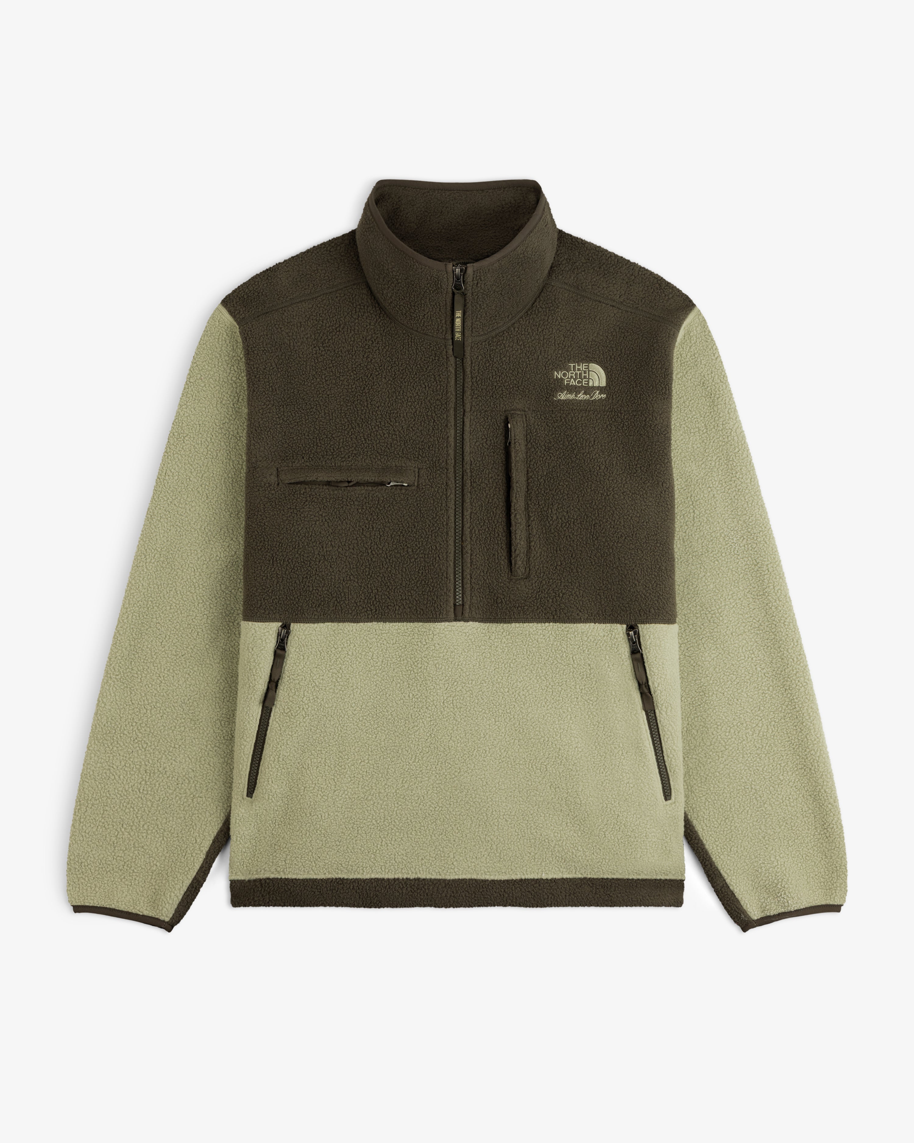 ALD/The North Face ’95 Denali Half-Zip Pullover in two-tone green with three zip pockets and chest logo.
