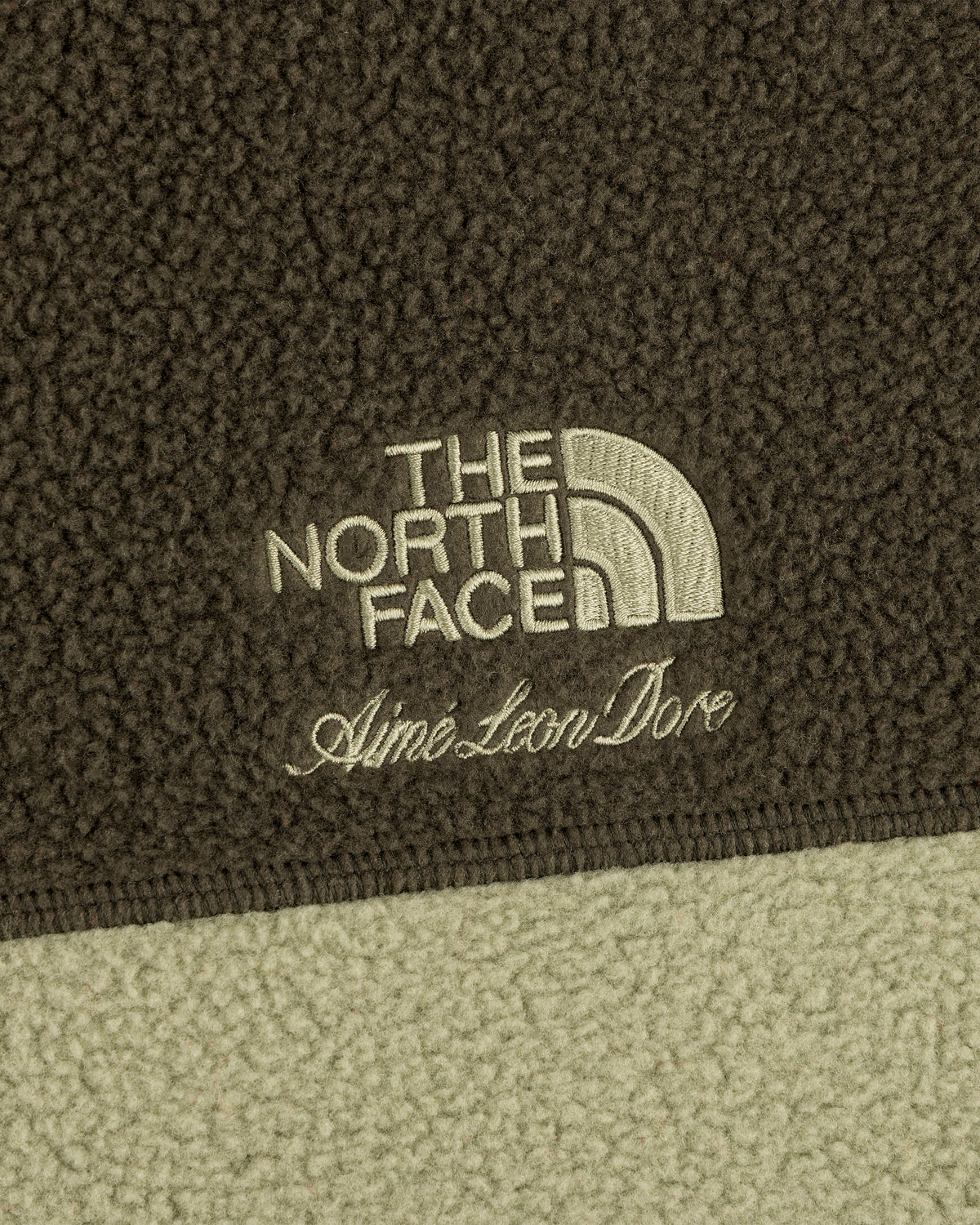 Close-up of ALD / The North Face ’95 Denali Half-Zip Fleece Pullover logos on two-tone green textured fleece.