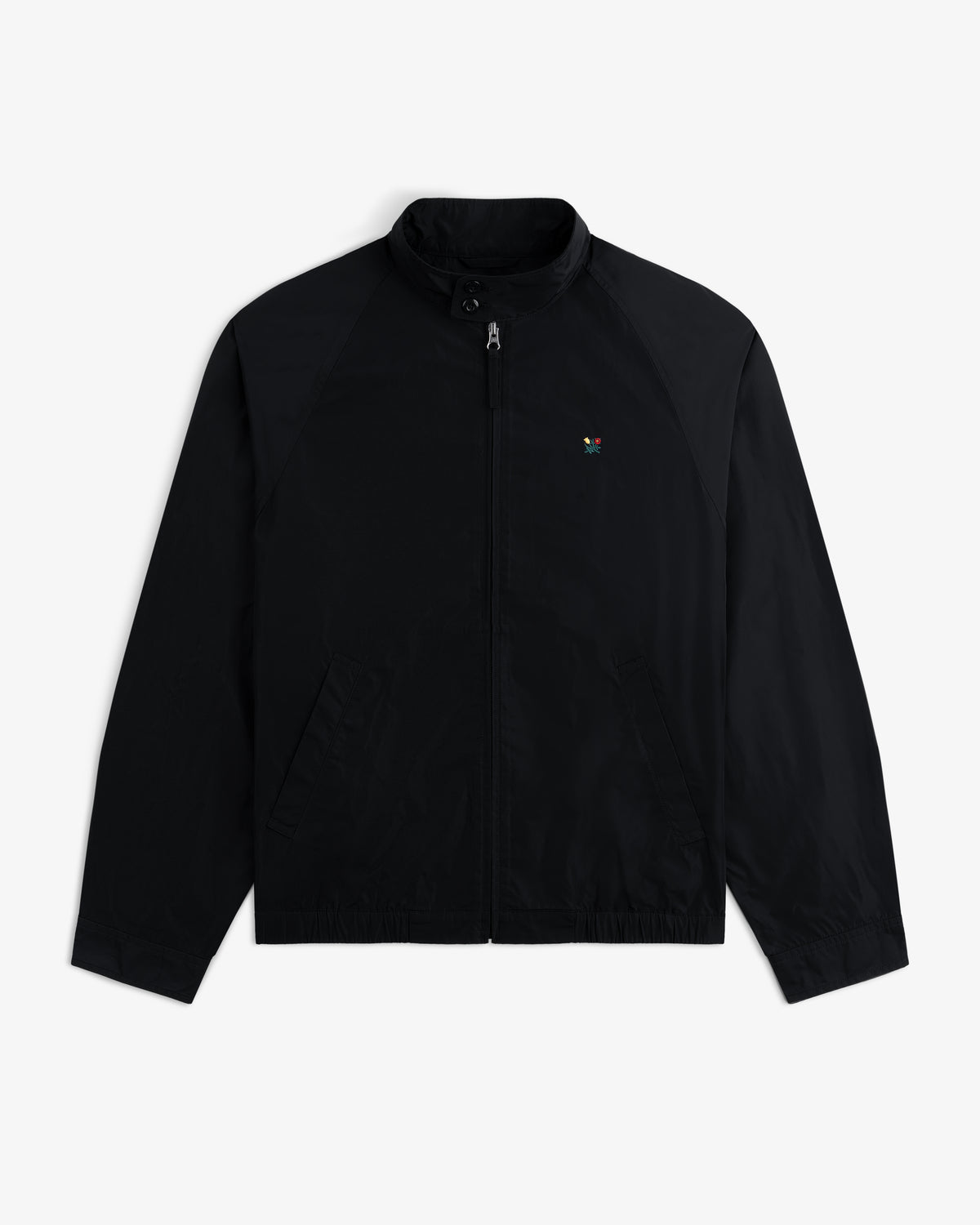 Crest Nylon Windbreaker in black with small colorful chest logo, displayed on a white background.