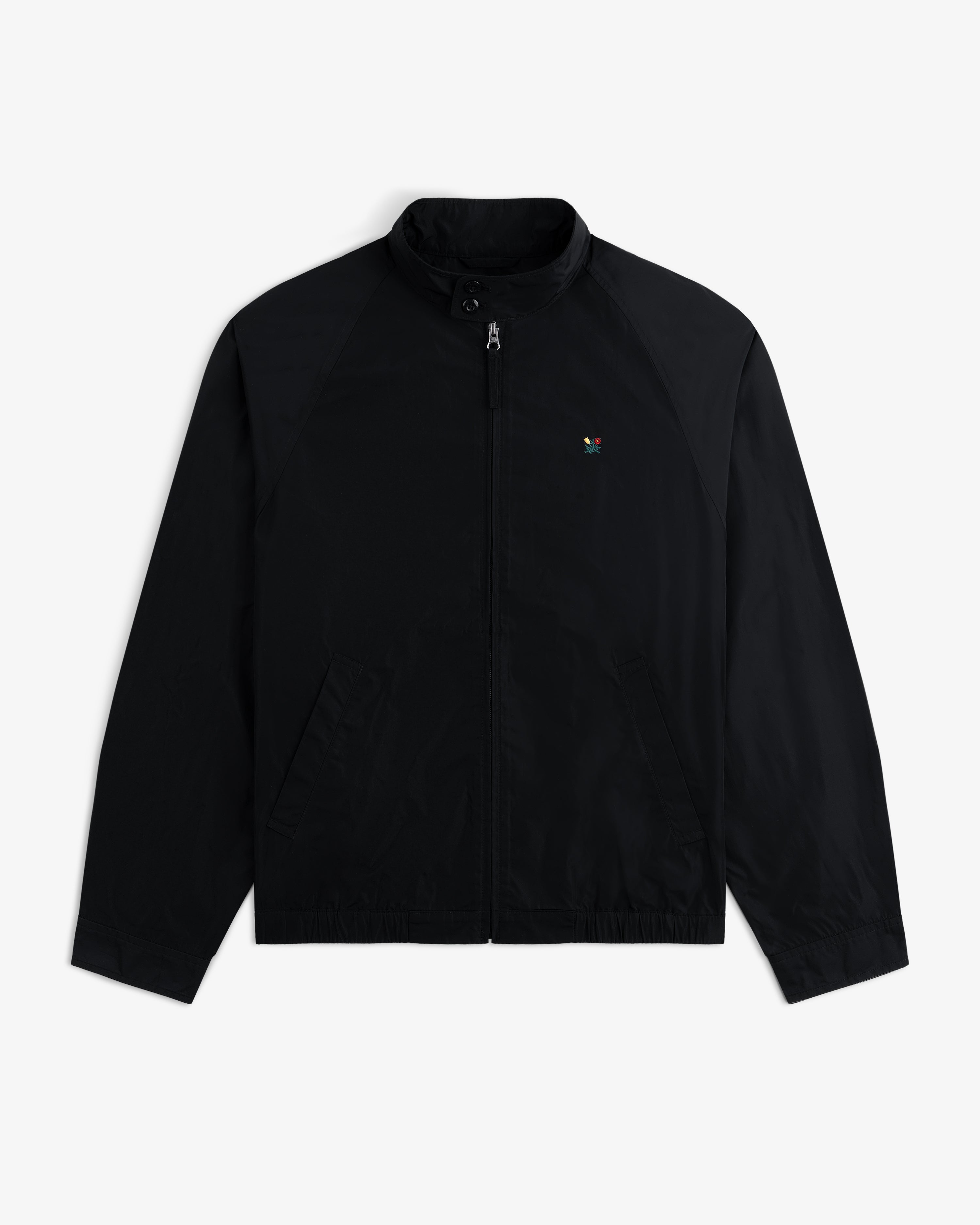 Crest Nylon Windbreaker in black with small colorful chest logo, displayed on a white background.