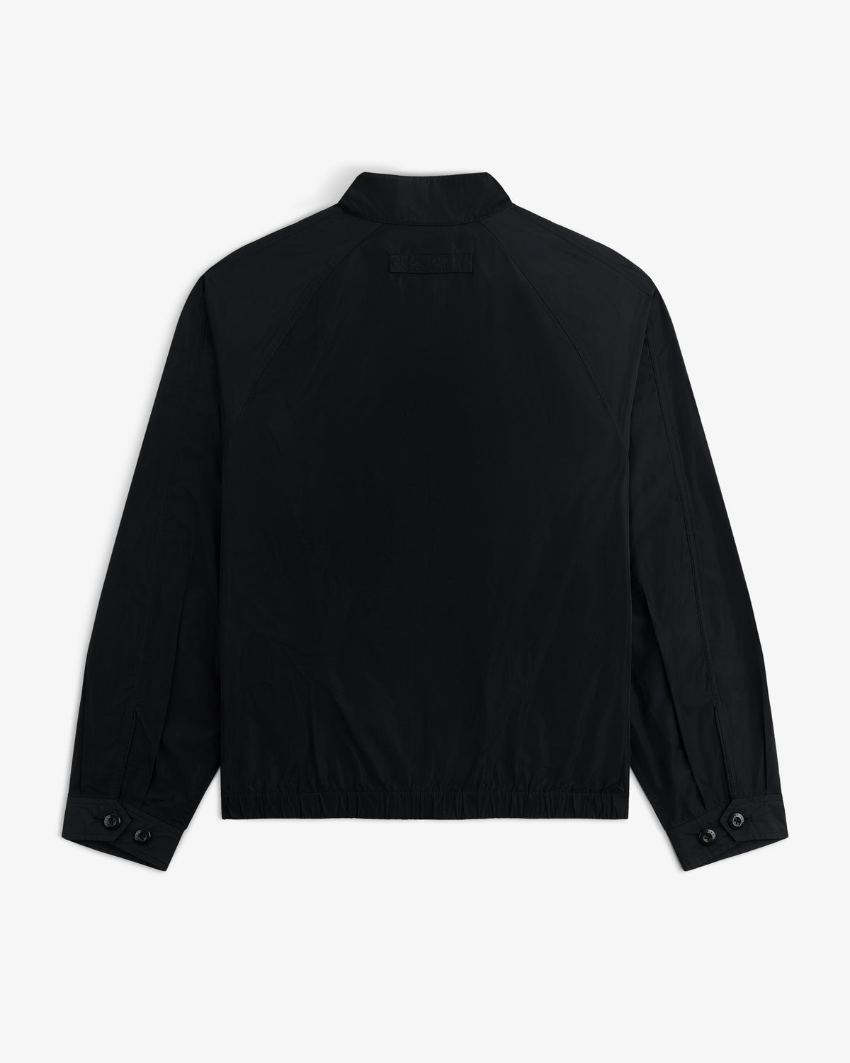 Crest Nylon Windbreaker in black, long sleeves, buttoned cuffs, short collar; back view on white background.
