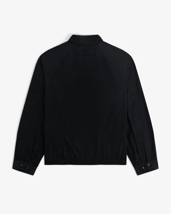 Crest Nylon Windbreaker in black, long sleeves, buttoned cuffs, short collar; back view on white background.