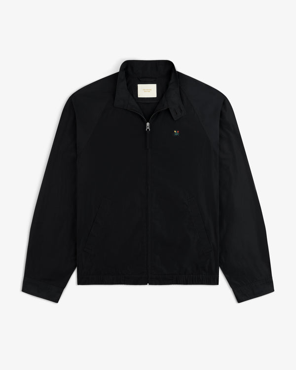 Crest Nylon Windbreaker: Black zip-up with side pockets, chest logo, and a straight collar.