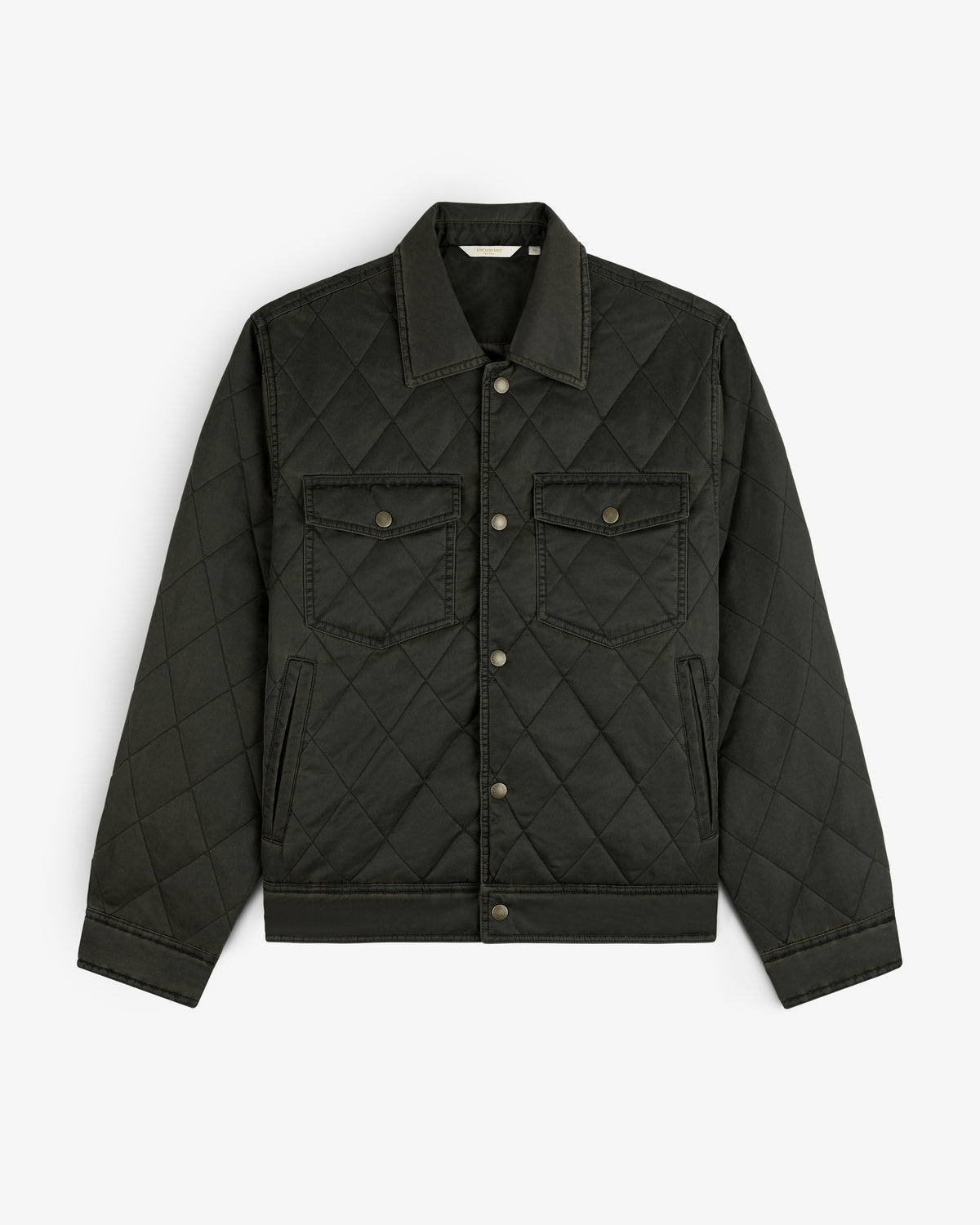 Dark olive Quilted Trucker Jacket with a collared neckline, button front, and two chest pockets.