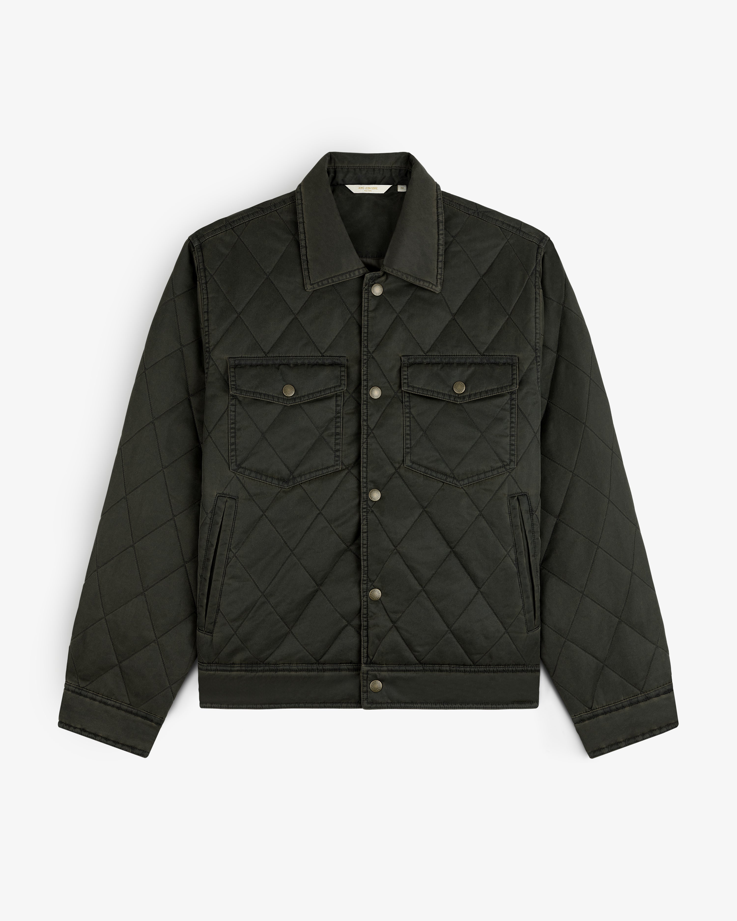 Dark olive Quilted Trucker Jacket with a collared neckline, button front, and two chest pockets.