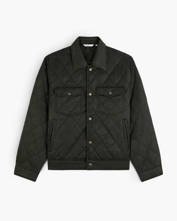 Dark olive Quilted Trucker Jacket with a collared neckline, button front, and two chest pockets.