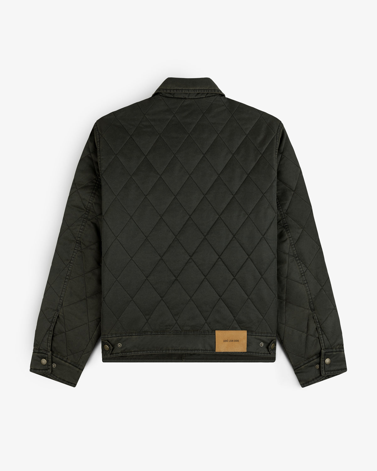 Back view of a dark olive green Quilted Trucker Jacket with a tan leather brand patch at the hem.