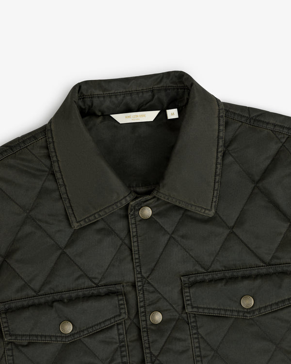 Dark green Quilted Trucker Jacket with a pointed collar, button front, and two buttoned chest pockets.
