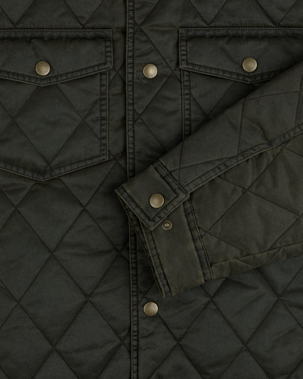 Olive green Quilted Trucker Jacket with metal buttoned chest pockets and sleeve cuffs.