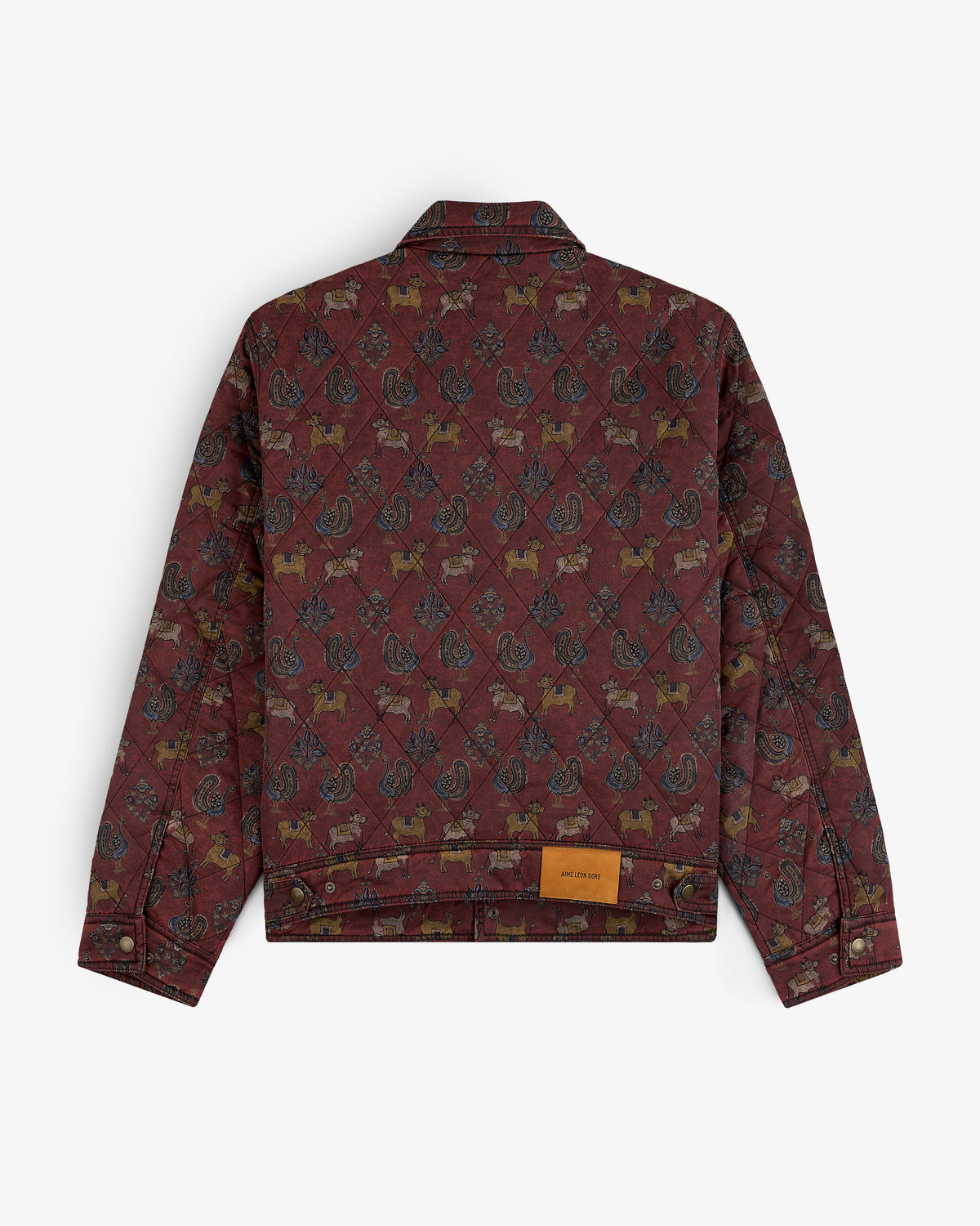 Burgundy Quilted Trucker Jacket with a repeating pattern of small animals and paisley motifs.