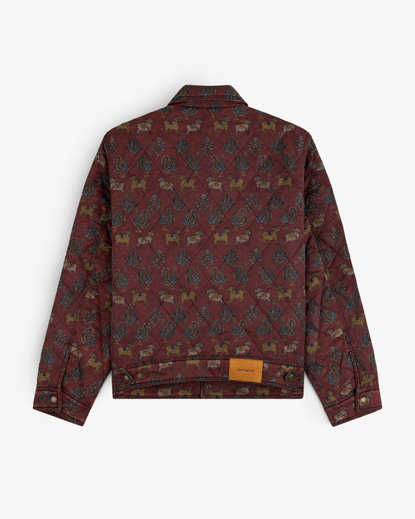 Burgundy Quilted Trucker Jacket with a repeating pattern of small animals and paisley motifs.