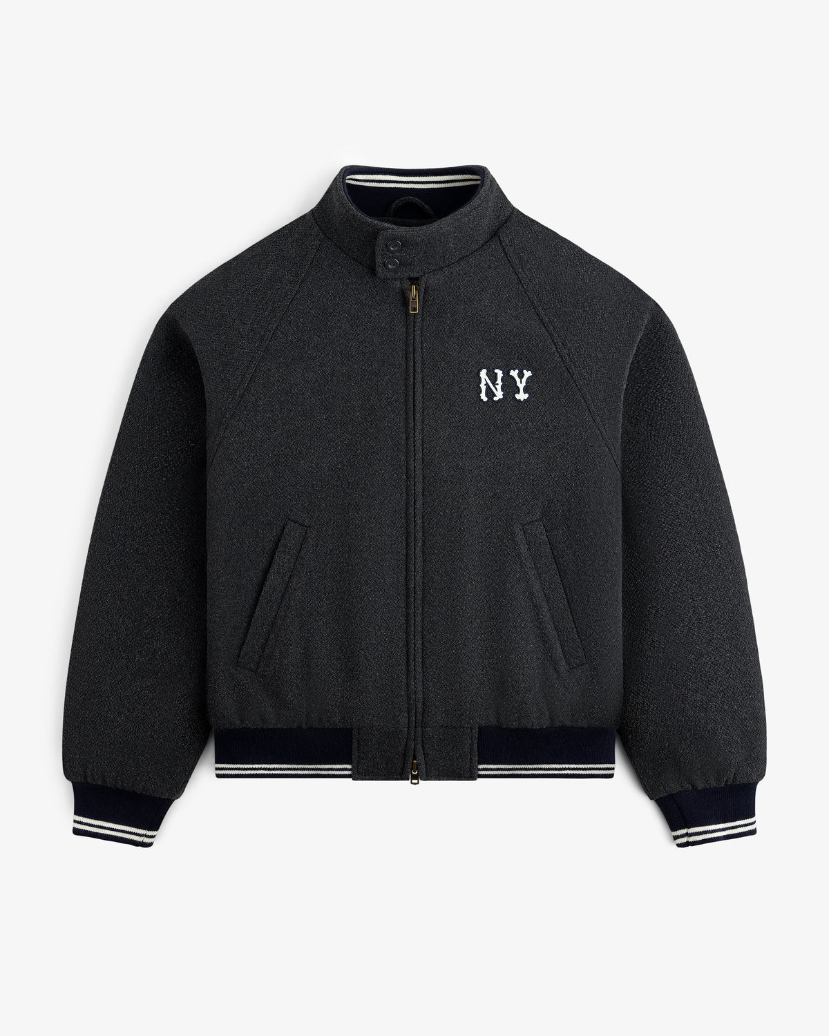 NY Highlanders Wool Varsity Jacket in dark gray with NY chest embroidery and striped cuffs, collar, and hem.