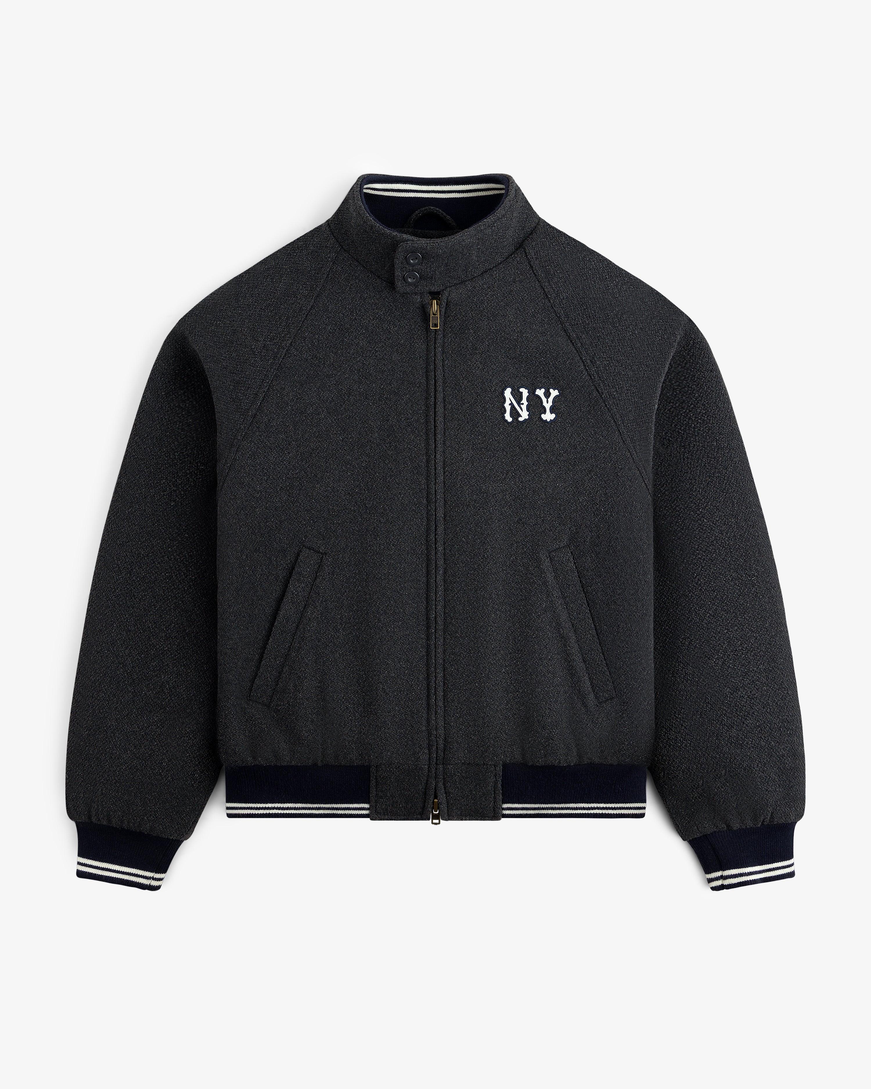 NY Highlanders Wool Varsity Jacket in dark gray with NY chest embroidery and striped cuffs, collar, and hem.