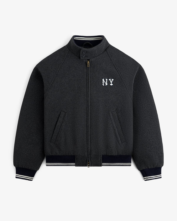 NY Highlanders Wool Varsity Jacket in dark gray with NY chest embroidery and striped cuffs, collar, and hem.