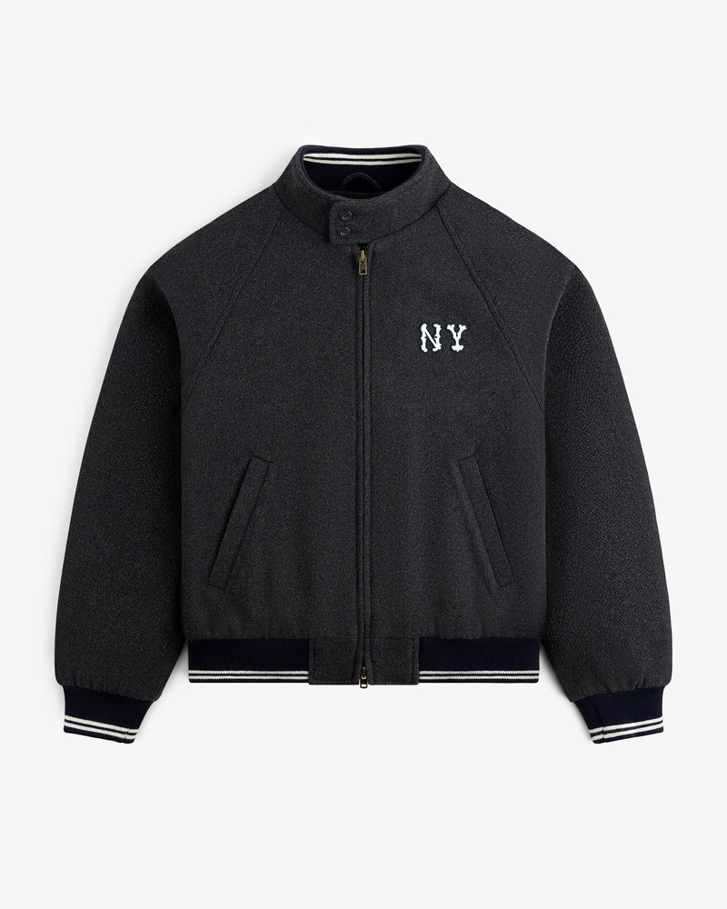 NY Highlanders Wool Varsity Jacket in dark gray with NY chest embroidery and striped cuffs, collar, and hem.