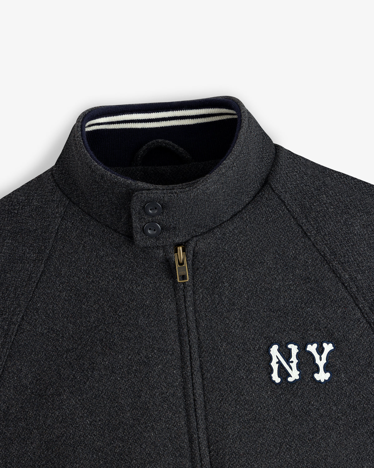 NY Highlanders Wool Varsity Jacket in dark gray with NY chest embroidery, zip closure, and two collar buttons.