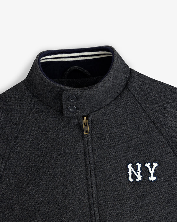NY Highlanders Wool Varsity Jacket in dark gray with NY chest embroidery, zip closure, and two collar buttons.