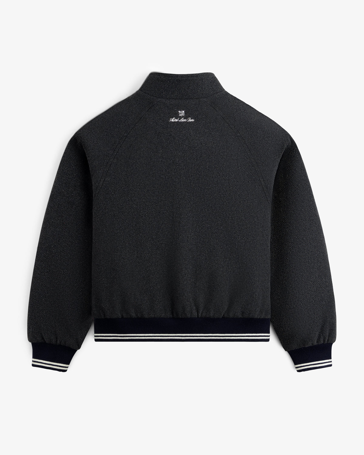 NY Highlanders Wool Varsity Jacket shown from back, striped cuffs/waistband, white text below collar.
