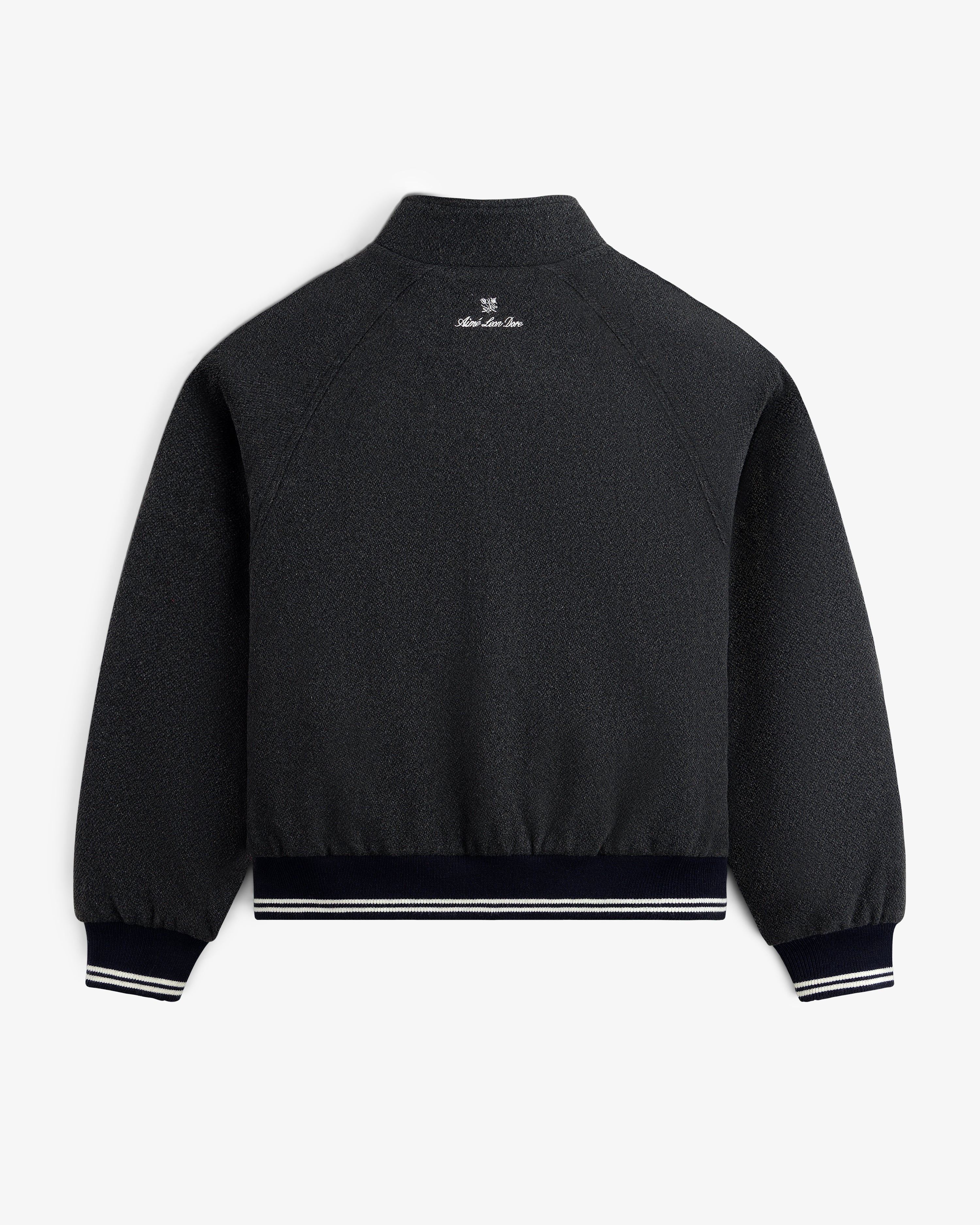 NY Highlanders Wool Varsity Jacket shown from back, striped cuffs/waistband, white text below collar.