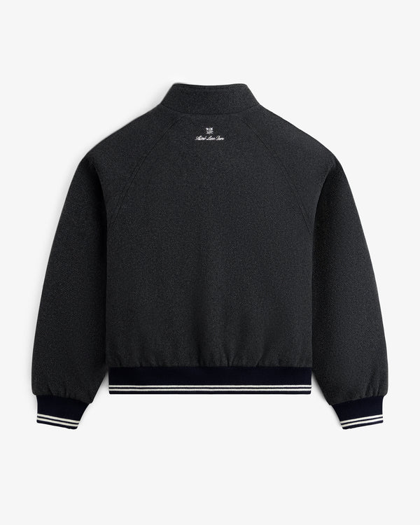 NY Highlanders Wool Varsity Jacket shown from back, striped cuffs/waistband, white text below collar.