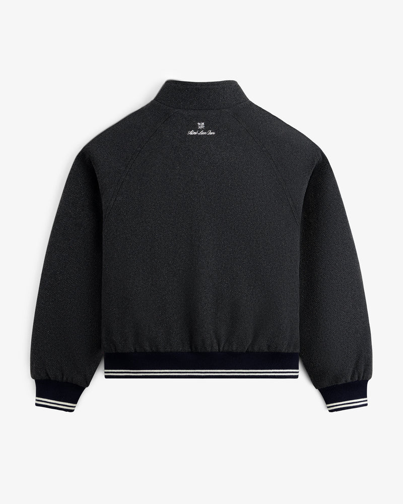 NY Highlanders Wool Varsity Jacket shown from back, striped cuffs/waistband, white text below collar.