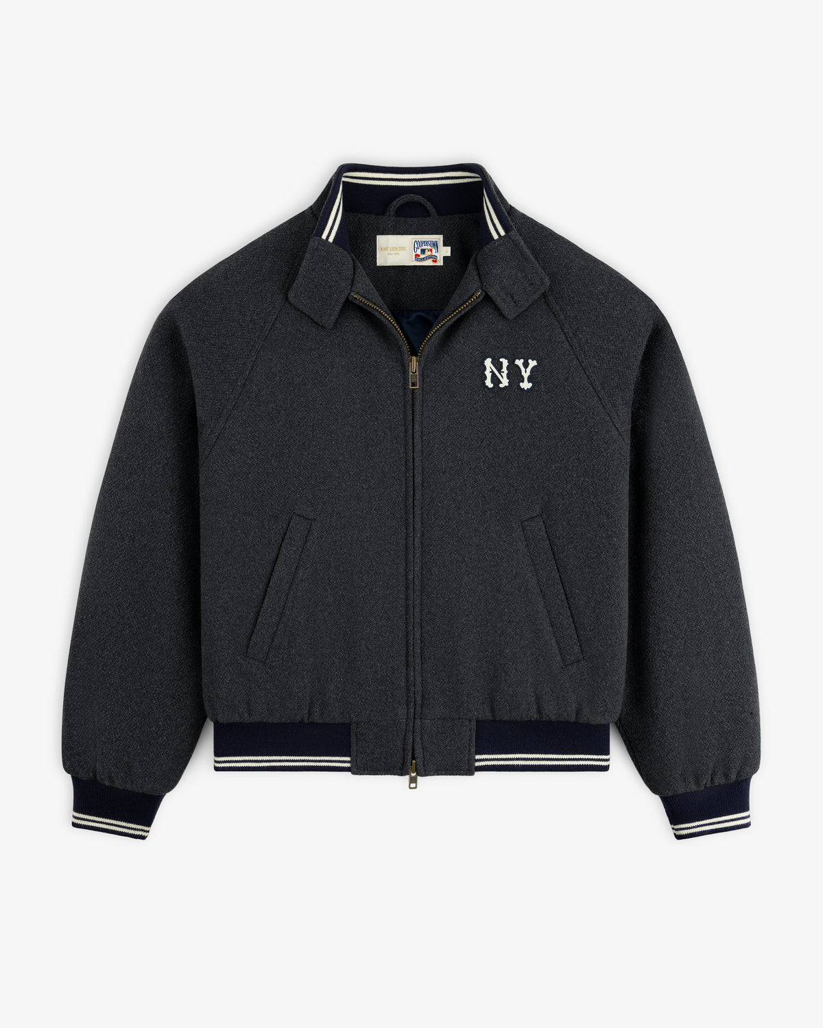 NY Highlanders Wool Varsity Jacket in dark gray with NY logo, striped trim, and two front pockets.