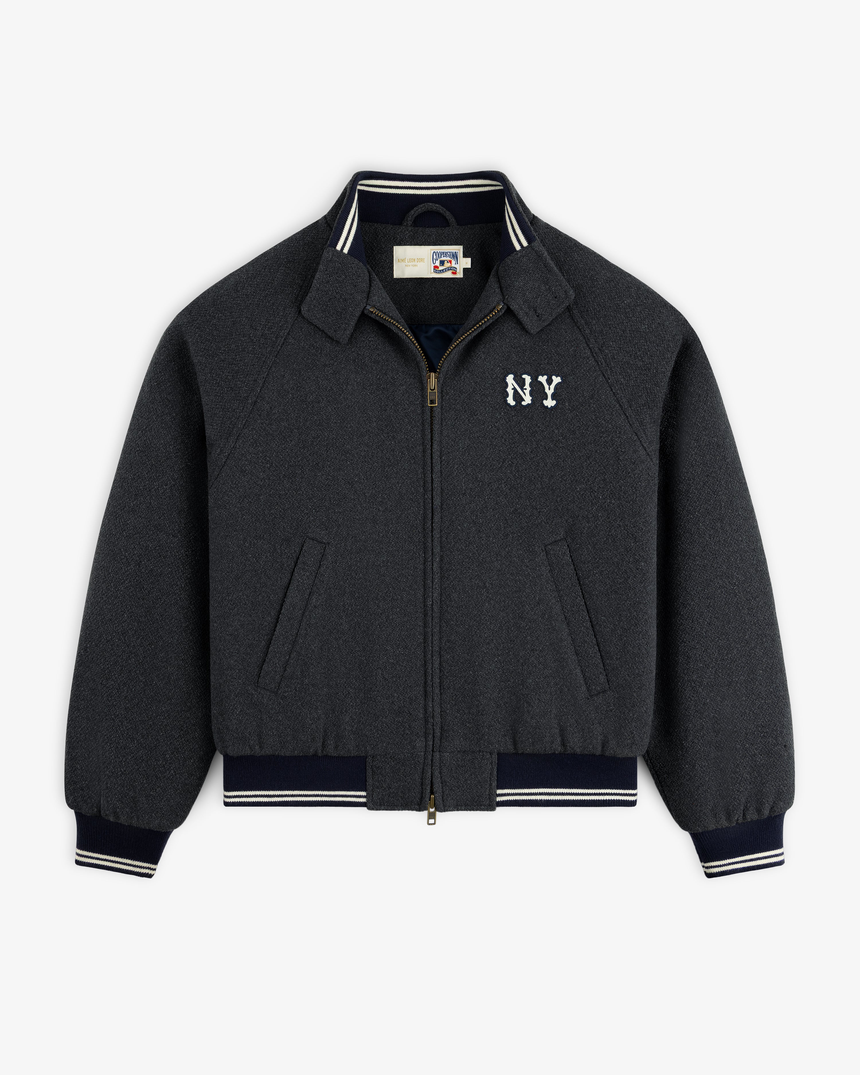 NY Highlanders Wool Varsity Jacket in dark gray with NY logo, striped trim, and two front pockets.